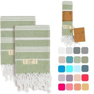 Brand New Set of 2 Turkish Cotton Hand Towels Green Striped White Tassels